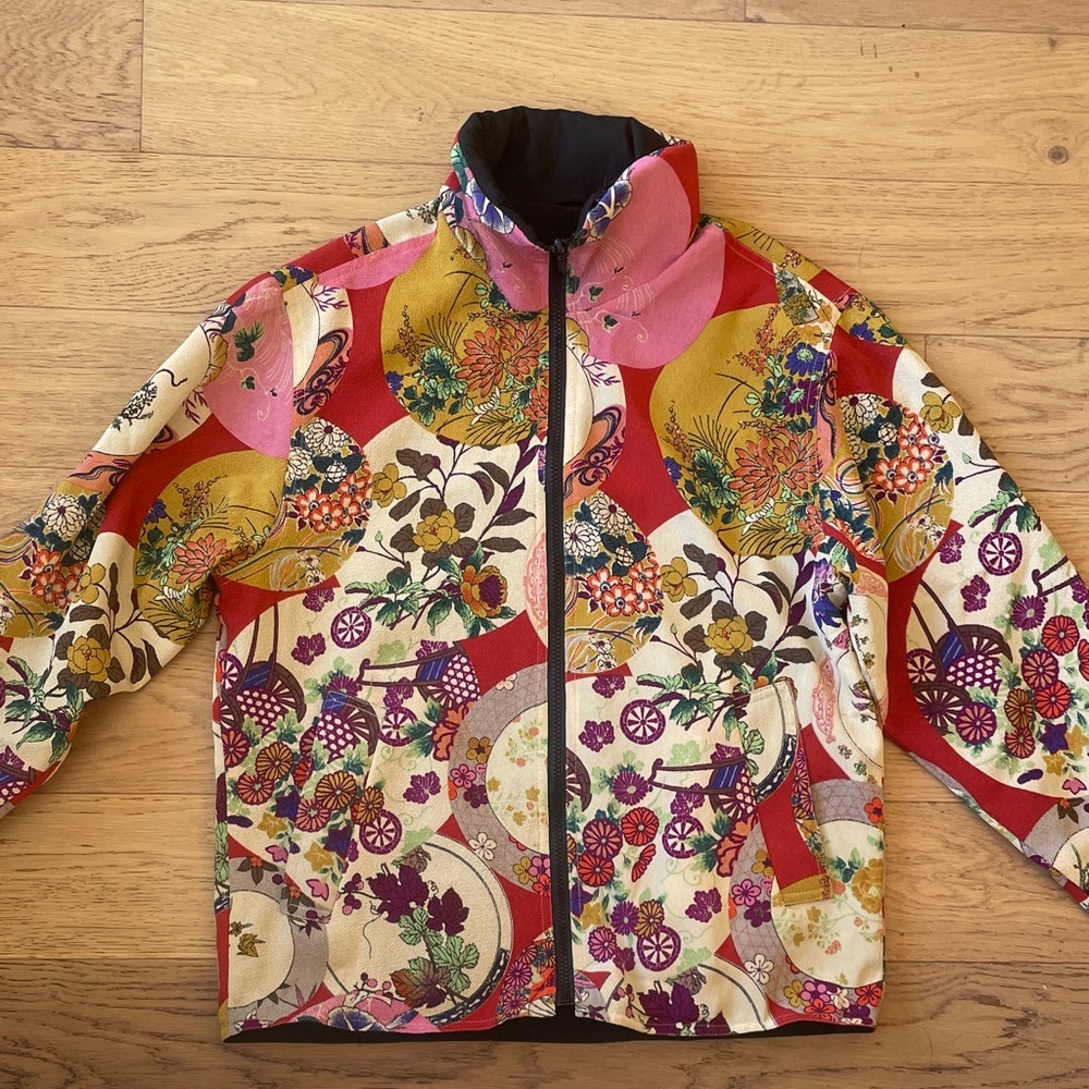 Vintage Japanese Kimono Silk Jacket Floral Patchwork Quilted Zip Up Statement Ja